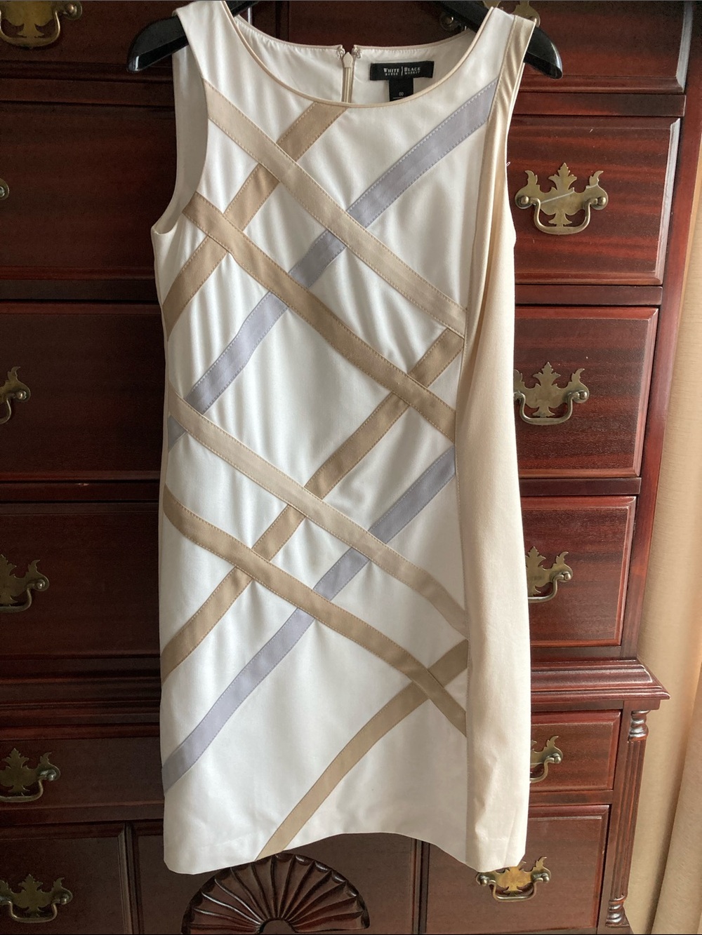 White House/Black Market White Shift Dress with Beige and Light Gray Trim